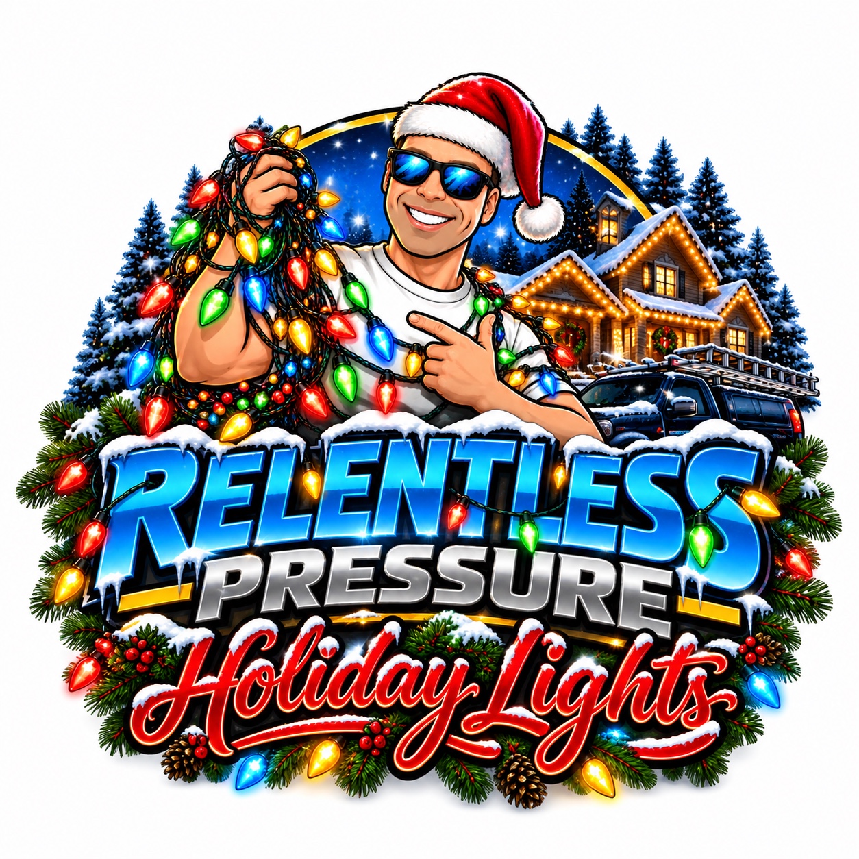 Original Relentless Pressure Holiday Lights artwork featuring Doc Holiday in blue sunglasses and a Santa hat