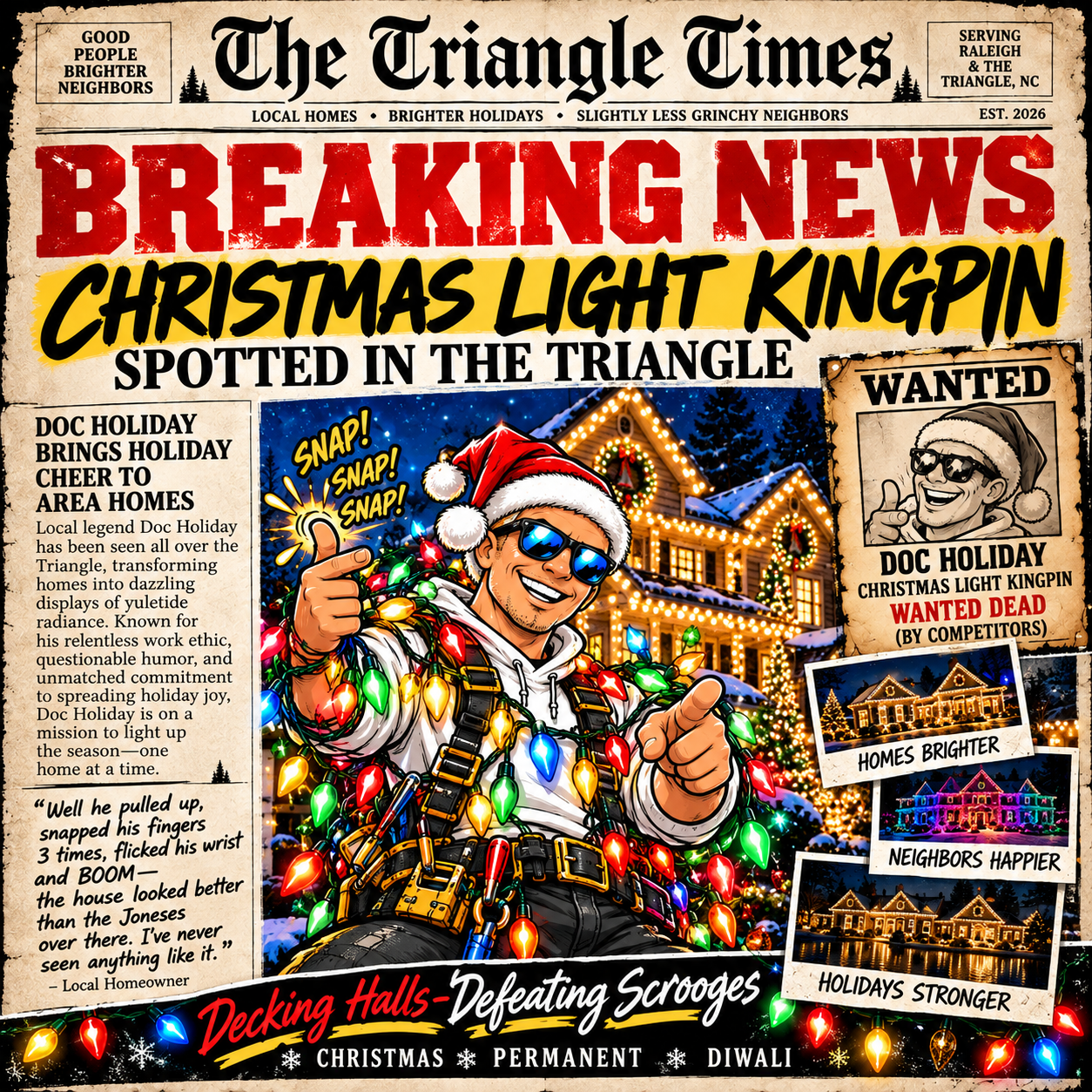 The Triangle Times Christmas Light Kingpin promotional illustration